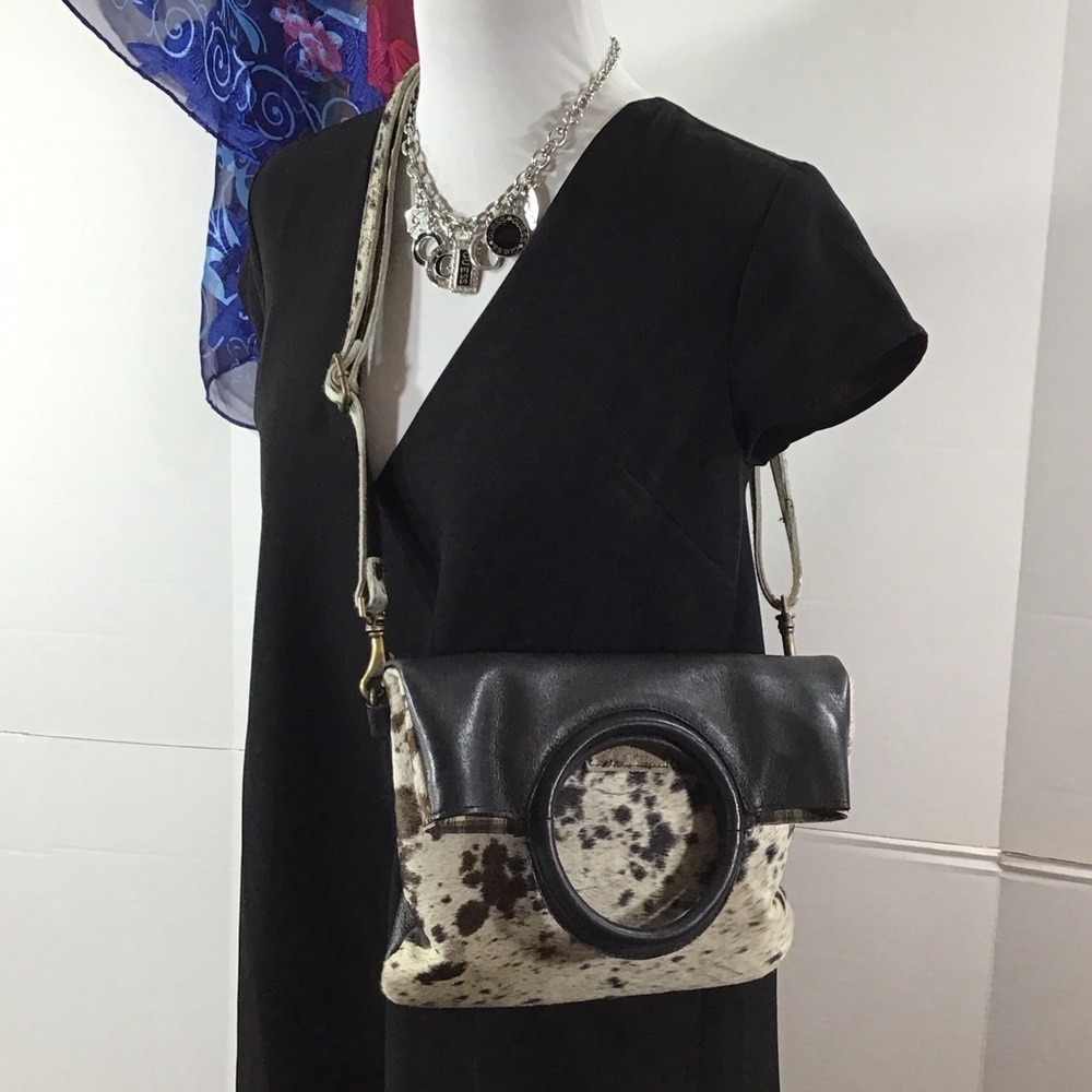 Genuine hair on cowhide fold over satchel leather bag